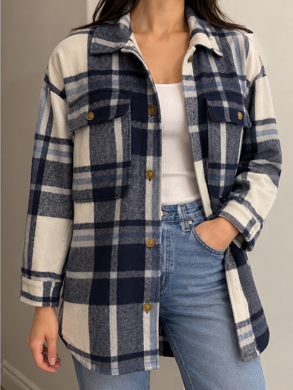 Banana Republic Navy White Plaid Oversized Shacket Shirt Jacket S